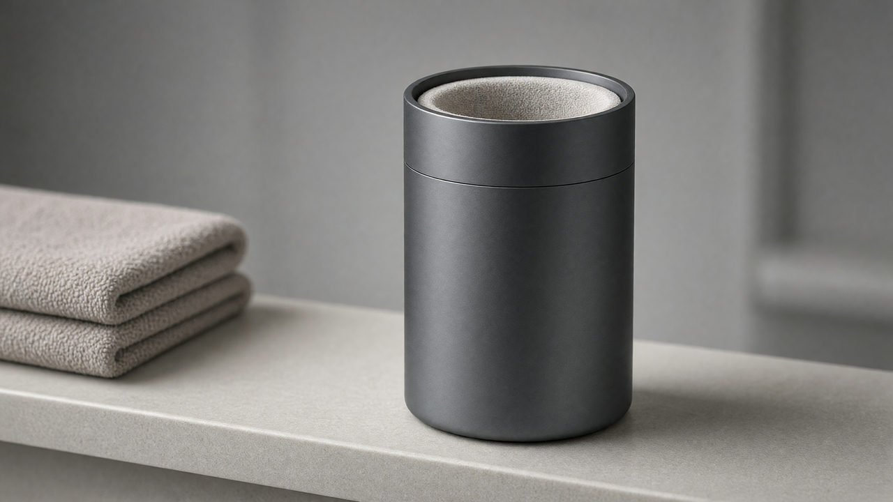 Een automatische masturbator met donkere behuizing en zachte binnenhoes op een plank in de badkamer