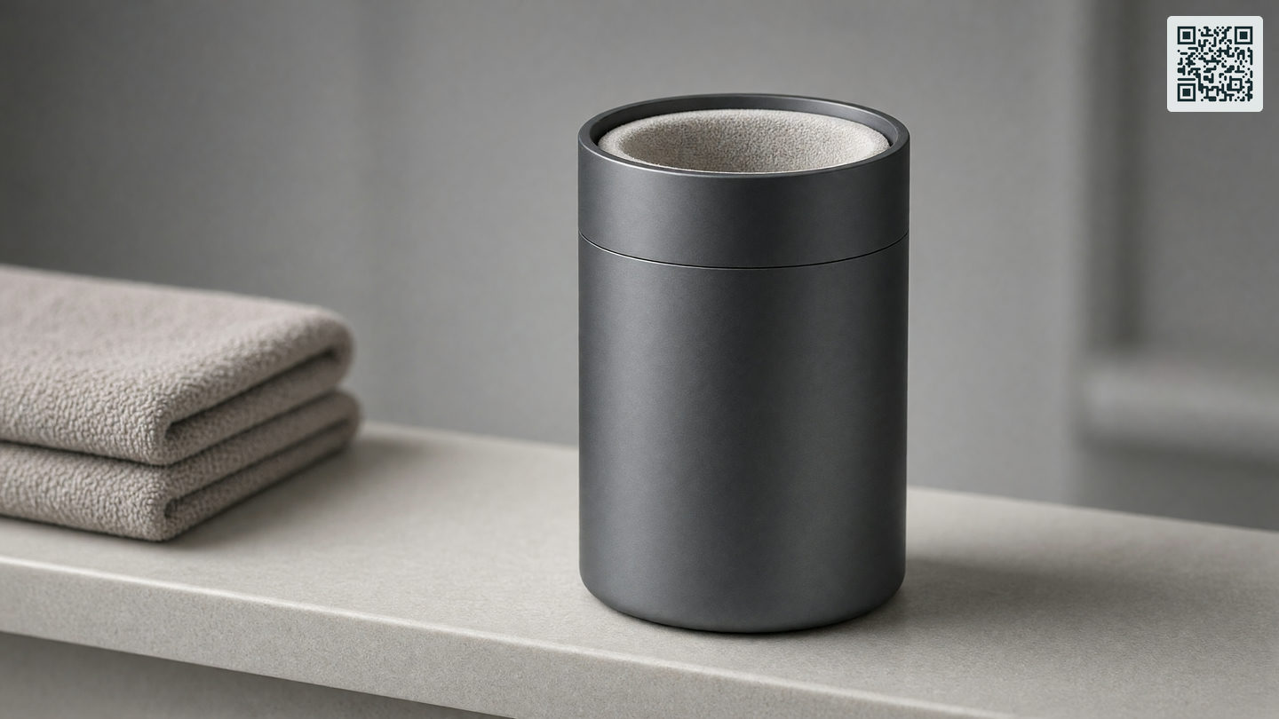 Een automatische masturbator met donkere behuizing en zachte binnenhoes op een plank in de badkamer