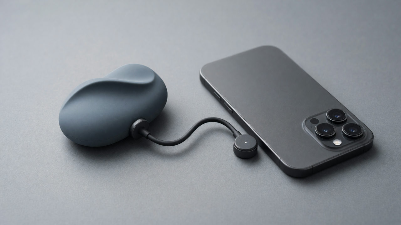Één compacte draagbare vibrator naast een smartphone die met het scherm naar beneden ligt, met een kort oplaadkabeltje ertussen, van iets boven gezien.