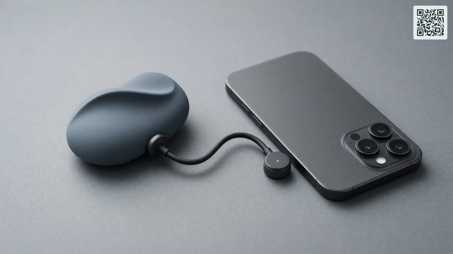 Één compacte draagbare vibrator naast een smartphone die met het scherm naar beneden ligt, met een kort oplaadkabeltje ertussen, van iets boven gezien.
