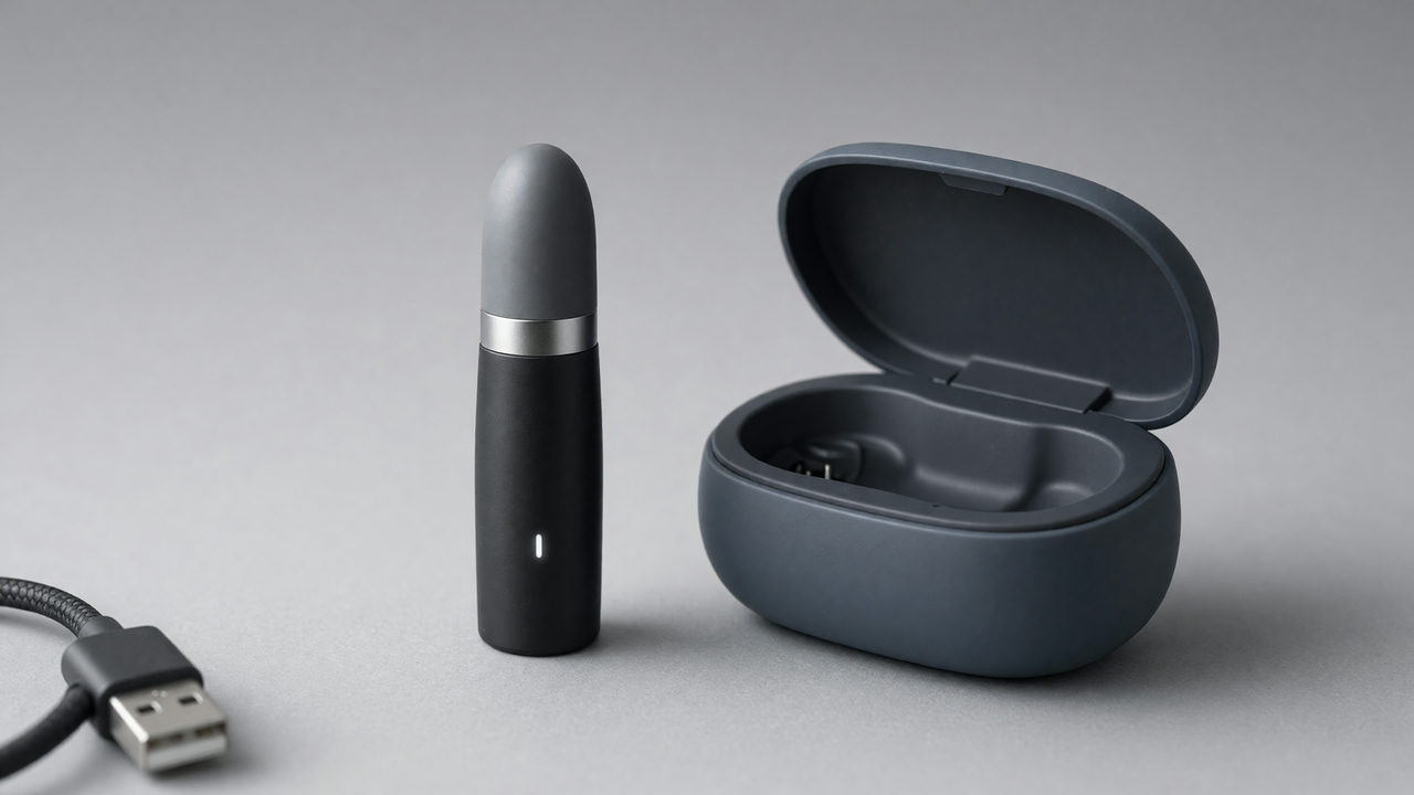 Close-up van een bulletvibrator die rechtop staat naast een open oplaadetui, met een kort USB-kabeltje dat naar de rand wegkrult.