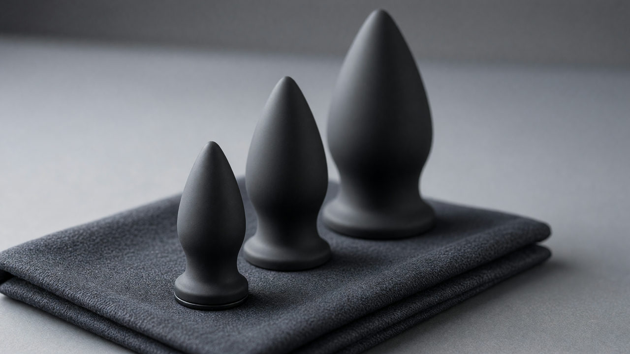 Drie kleine buttplugs in oplopende maat op een opgevouwen donkere doek, de kleinste vooraan scherp en de grootste achteraan onscherp.