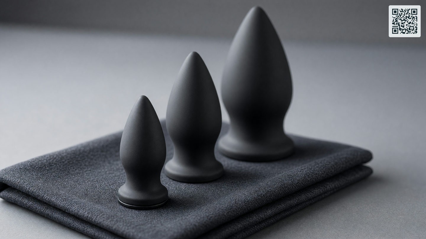 Drie kleine buttplugs in oplopende maat op een opgevouwen donkere doek, de kleinste vooraan scherp en de grootste achteraan onscherp.