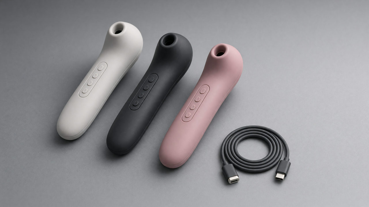 Drie luchtdrukvibrators naast elkaar op een grijze ondergrond, elk met een ovale kop met een kleine ronde opening en een rij knoppen op de greep, met een opgerolde oplaadkabel ernaast