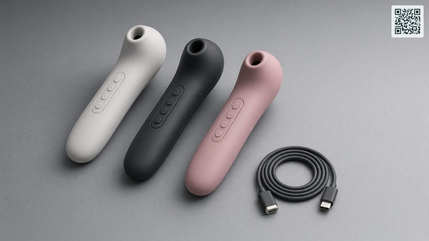 Drie luchtdrukvibrators naast elkaar op een grijze ondergrond, elk met een ovale kop met een kleine ronde opening en een rij knoppen op de greep, met een opgerolde oplaadkabel ernaast