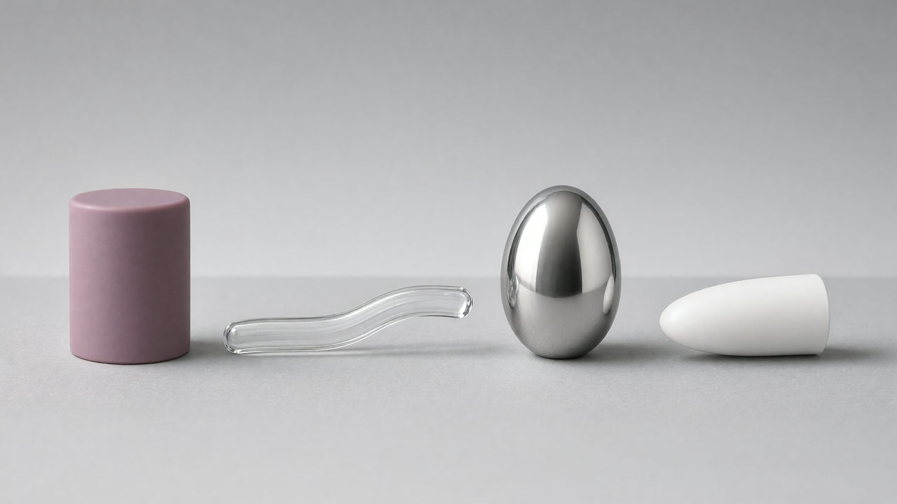 Vier speelgoedobjecten van verschillende materialen naast elkaar: siliconen, glas, rvs en hard kunststof.