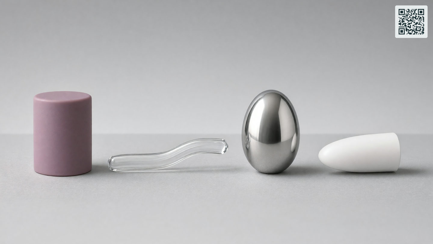 Vier speelgoedobjecten van verschillende materialen naast elkaar: siliconen, glas, rvs en hard kunststof.