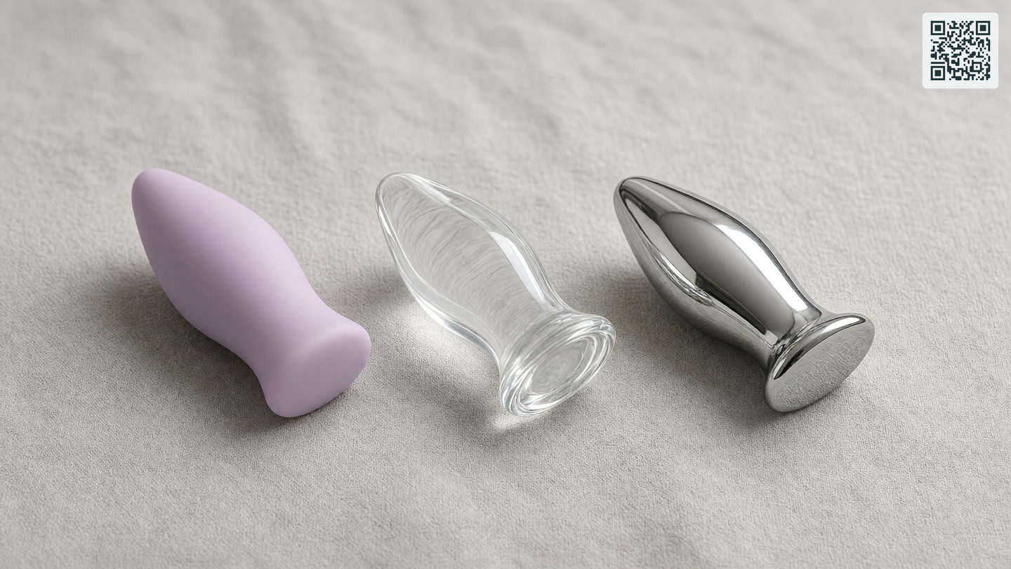 Drie buttplugs naast elkaar op een lichte ondergrond: een van mat siliconen, een van helder glas en een van gepolijst roestvast staal.