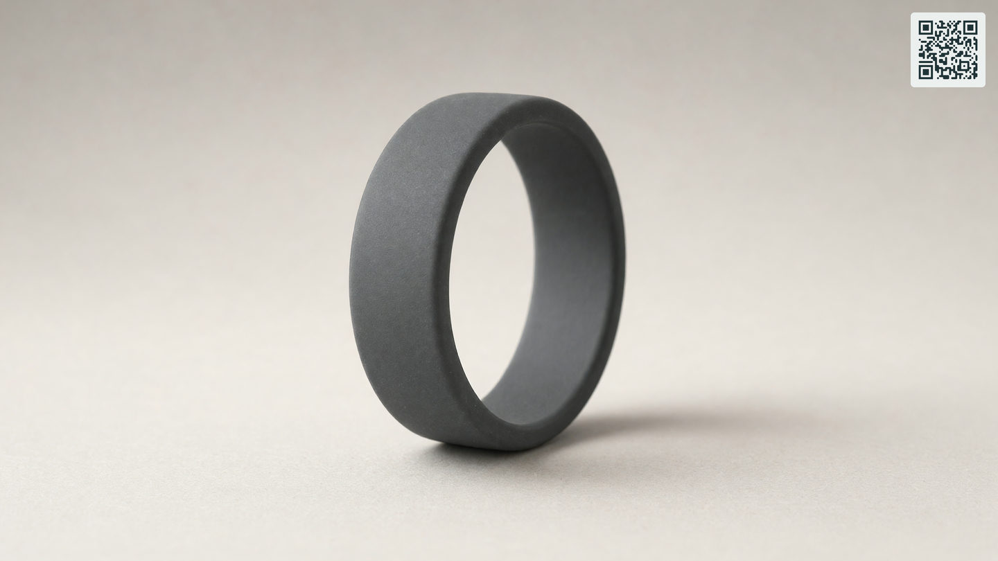 Een matte donkergrijze siliconen ring staand op een lichte neutrale ondergrond.