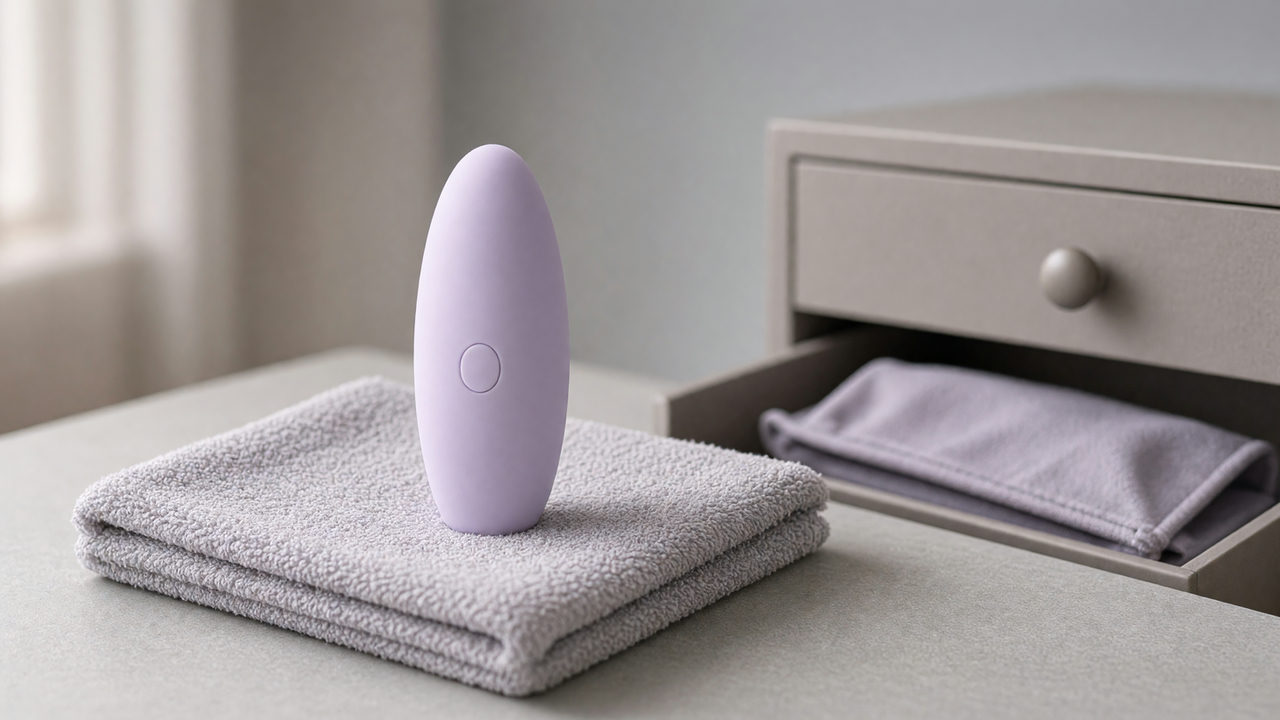 Kleine lila siliconen vibrator op een opgevouwen handdoek op een nachtkastje, naast een opbergzak