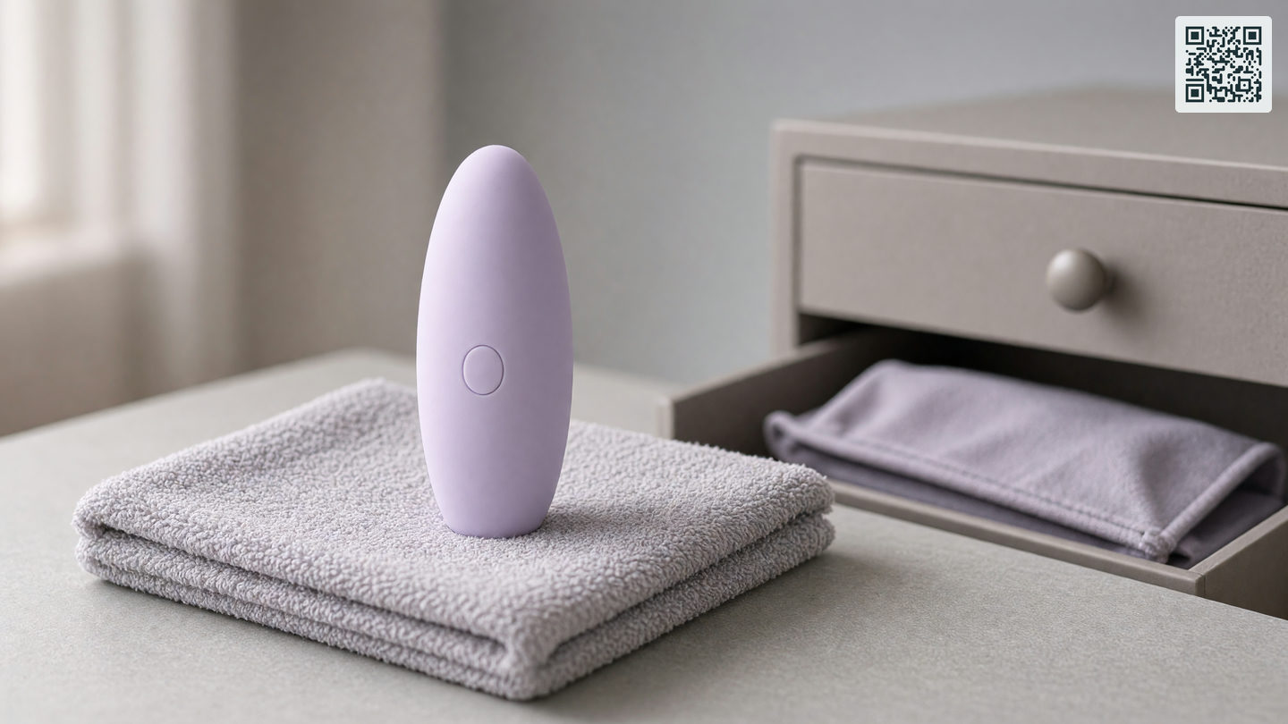 Kleine lila siliconen vibrator op een opgevouwen handdoek op een nachtkastje, naast een opbergzak