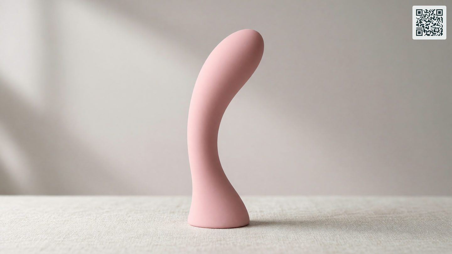 Een roze siliconen vibrator met een gebogen schacht en een brede afgeronde kop, rechtop op een lichte ondergrond.