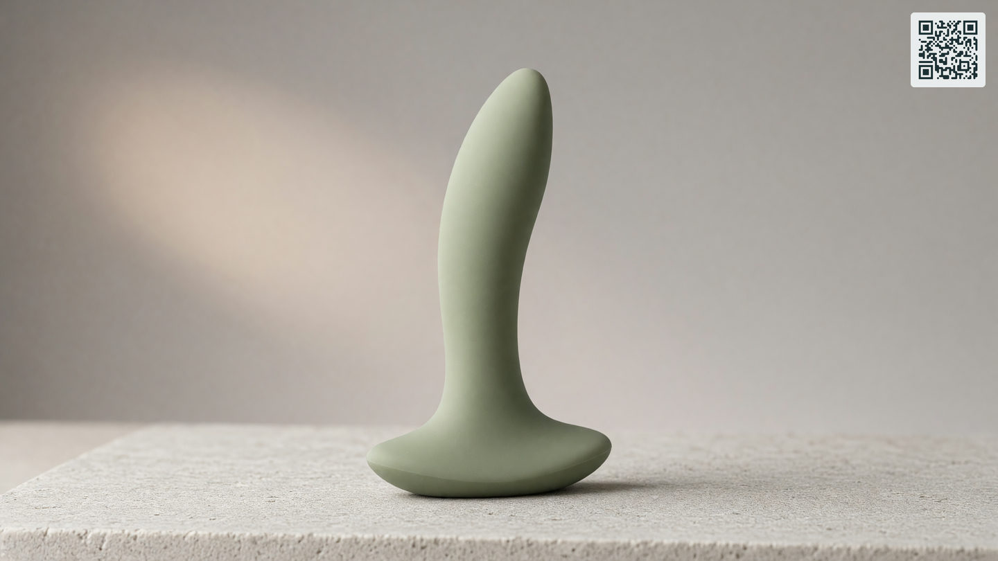 Een gebogen siliconen stimulator met schuine top en brede voet staand op een neutrale ondergrond