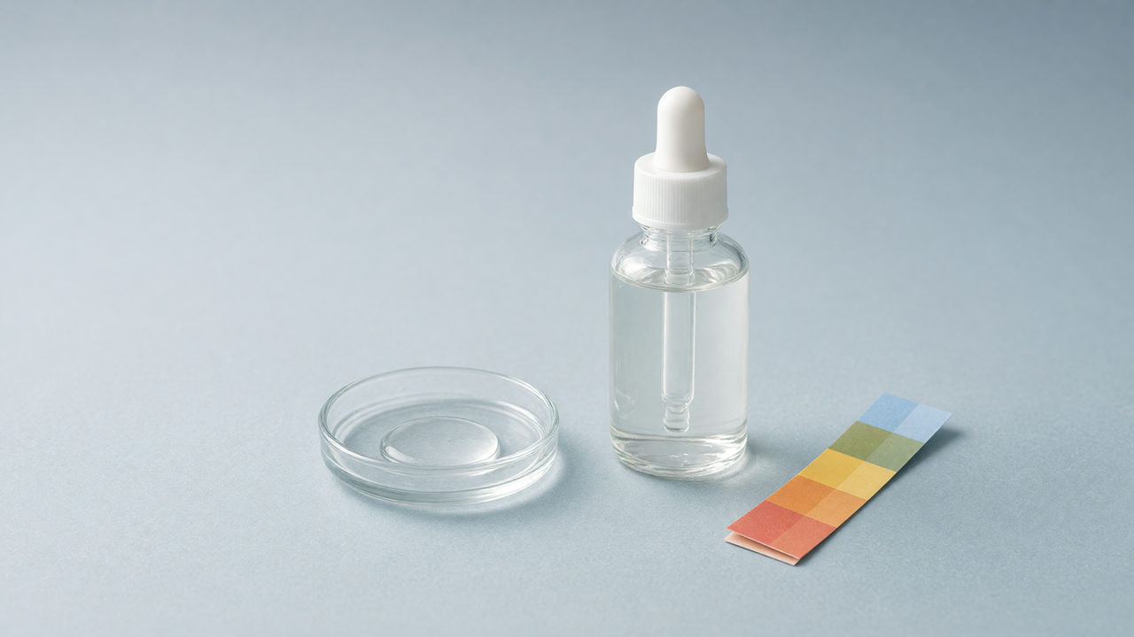 Een flesje helder glijmiddel op waterbasis naast een schaaltje met een geldruppel en pH-indicatorstrookjes.