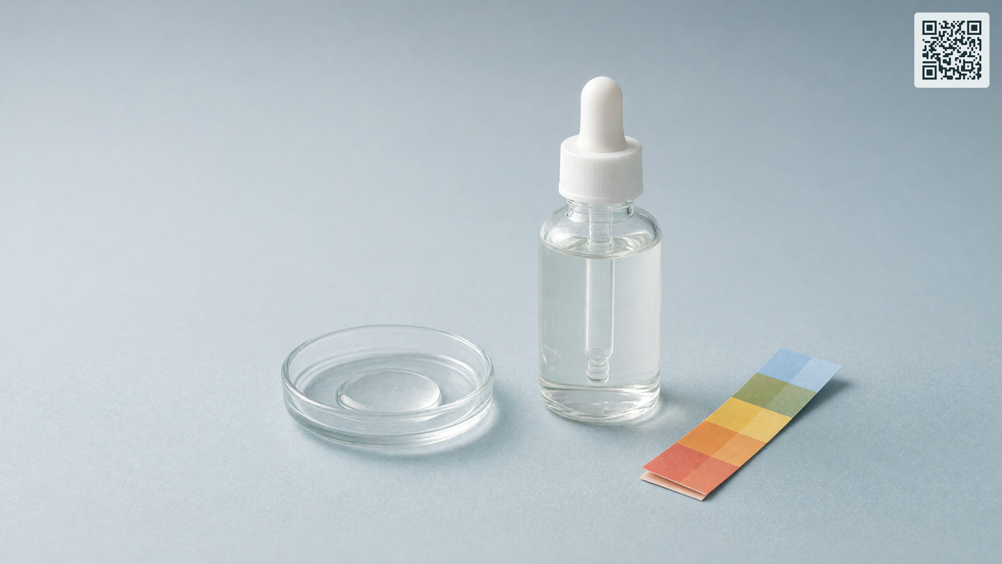 Een flesje helder glijmiddel op waterbasis naast een schaaltje met een geldruppel en pH-indicatorstrookjes.
