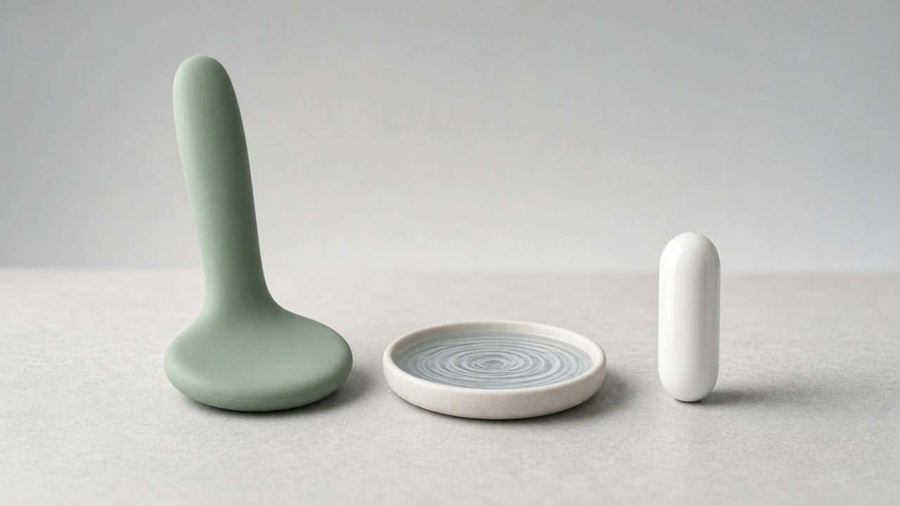 Een groot apparaat met brede ronde kop en een kleine slanke capsule naast elkaar, met een schaaltje water met rimpelingen ertussen