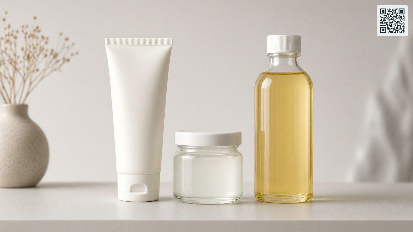 Een tube glijmiddel naast een potje vaseline en een fles olie op een badkamerplank