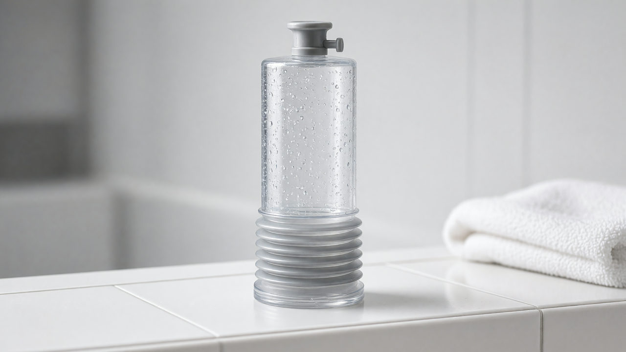 Transparante hydropomp met flexibele kraag en ventiel, staand op een tegelplank in een badkamer