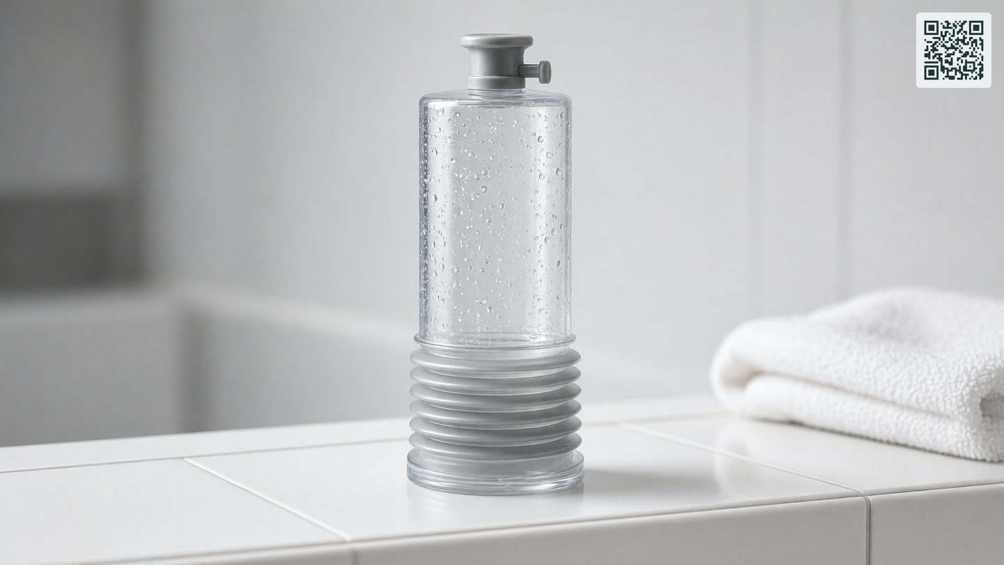 Transparante hydropomp met flexibele kraag en ventiel, staand op een tegelplank in een badkamer