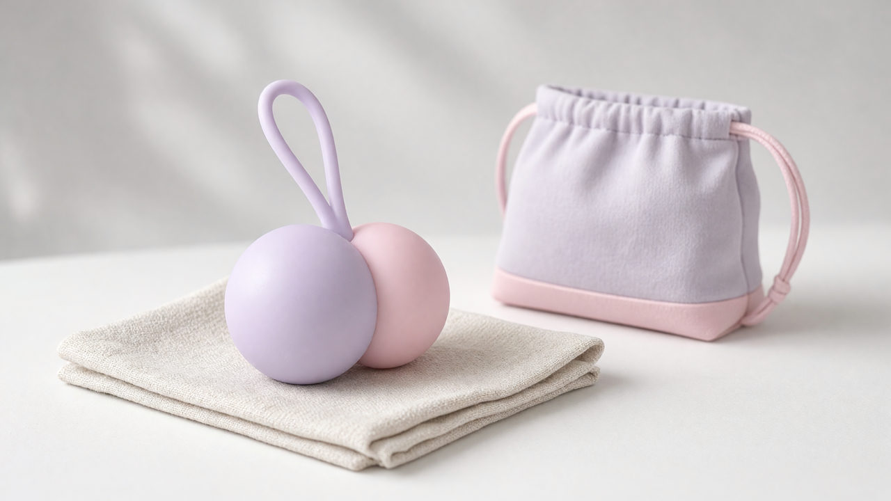 Naadloze silicone duoballen met terughaallus op een linnen doek naast een opbergzakje