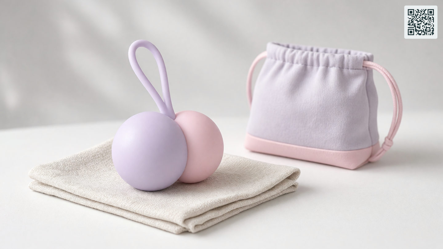 Naadloze silicone duoballen met terughaallus op een linnen doek naast een opbergzakje