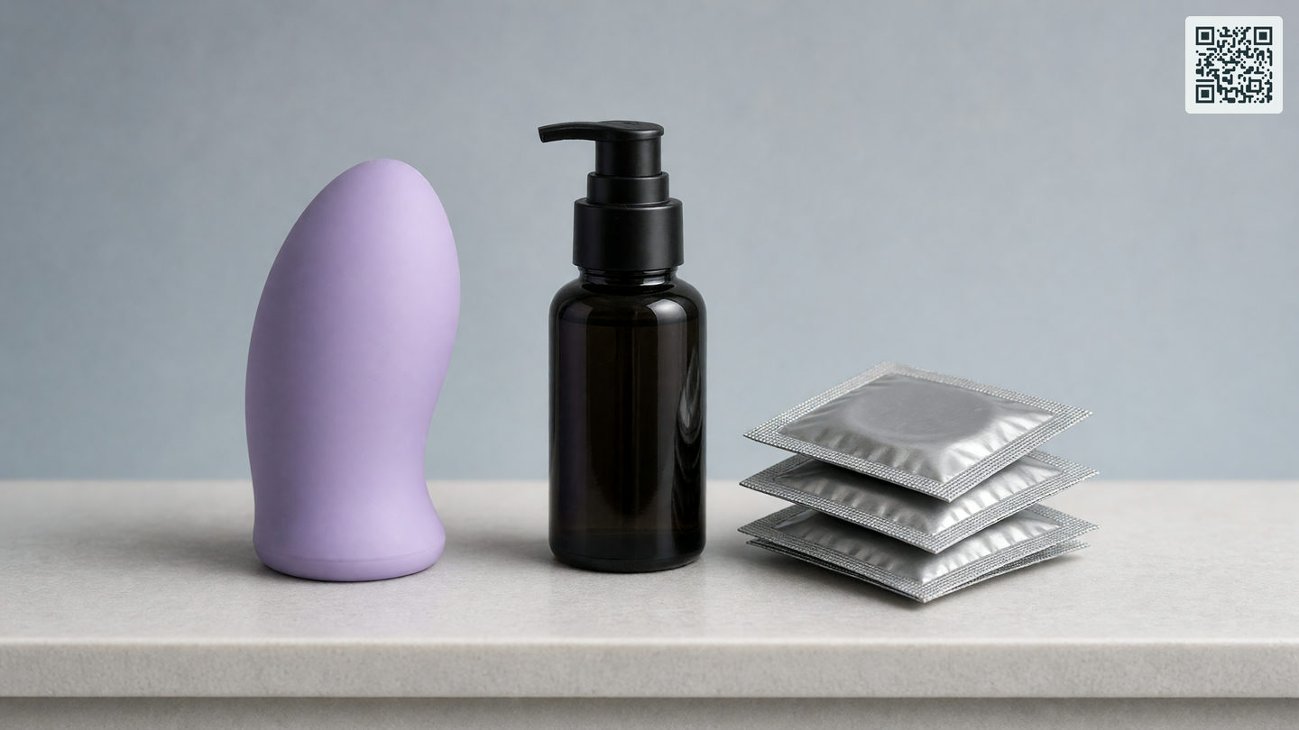 Siliconen speeltje, een flacon glijmiddel en latexvrije condooms op een plank