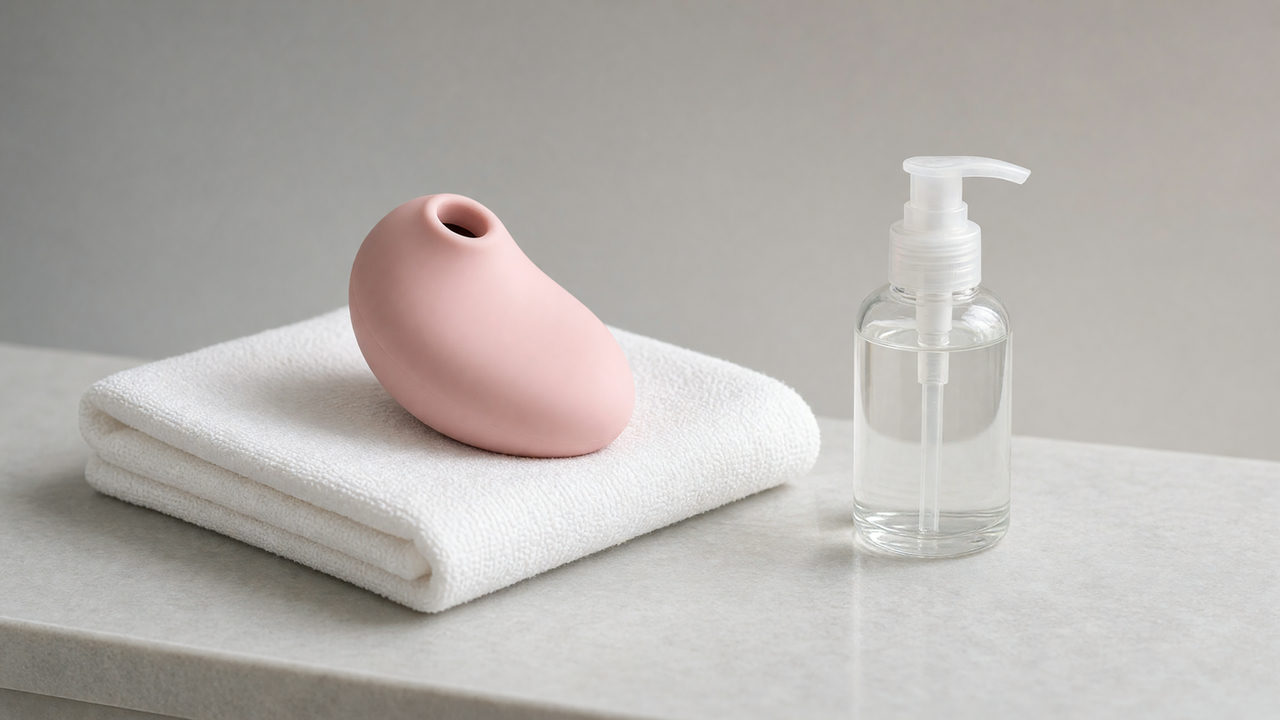 Een luchtdrukstimulator van mat roze siliconen ligt op een opgevouwen witte handdoek naast een doorzichtig flesje glijmiddel.