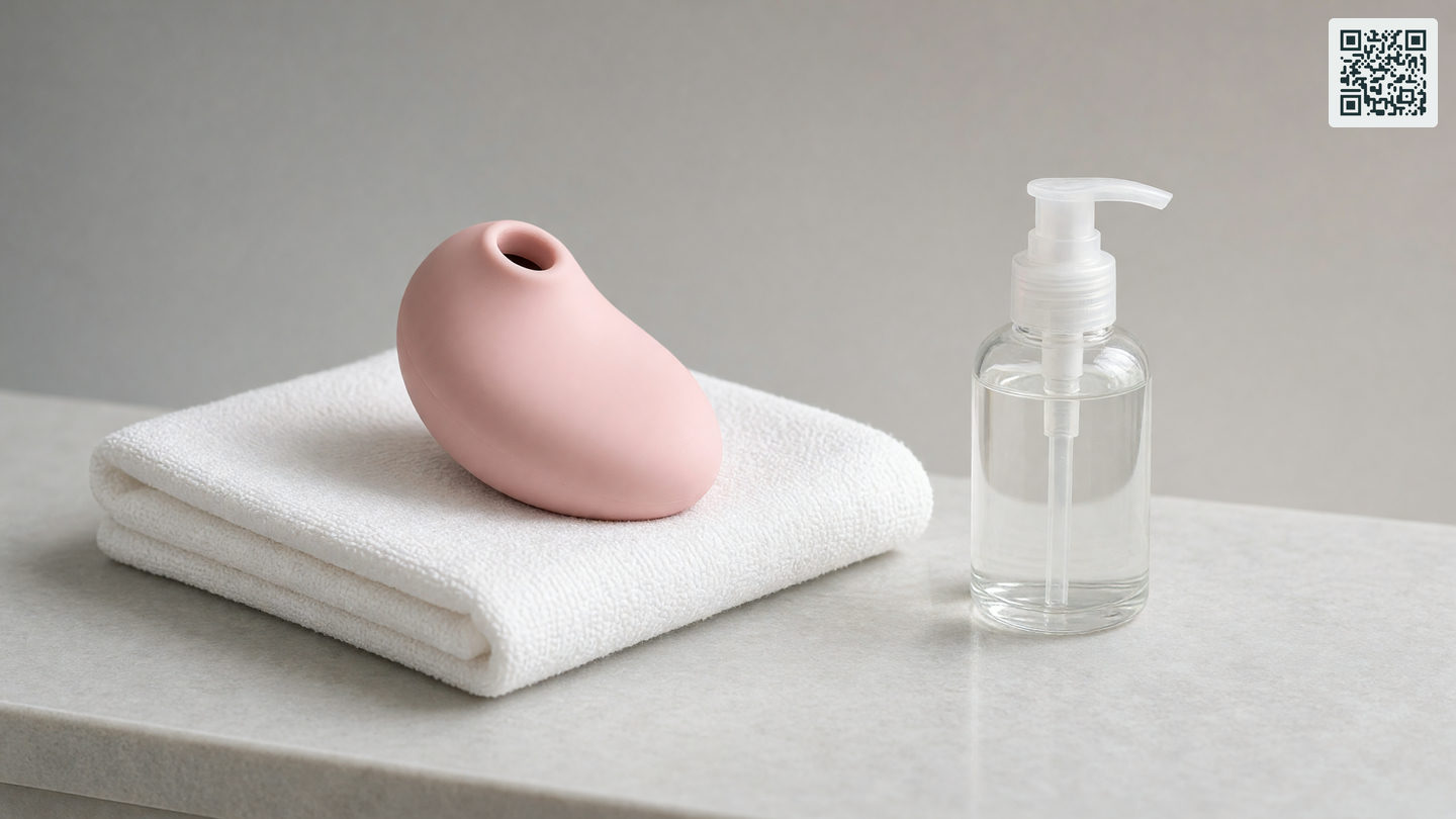 Een luchtdrukstimulator van mat roze siliconen ligt op een opgevouwen witte handdoek naast een doorzichtig flesje glijmiddel.