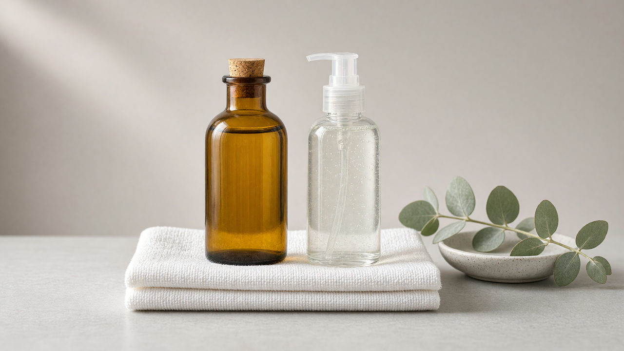 Twee flessen op een gevouwen handdoek: een glazen fles met goudkleurige massageolie en een doorzichtige pompfles met helder glijmiddel.