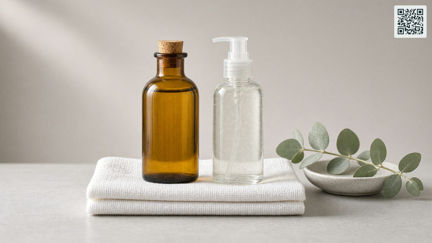 Twee flessen op een gevouwen handdoek: een glazen fles met goudkleurige massageolie en een doorzichtige pompfles met helder glijmiddel.