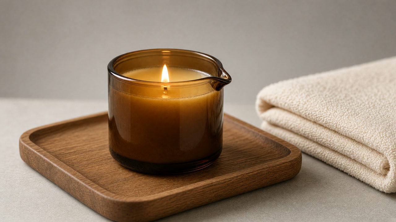 Een brandende massagekaars in een glazen potje met schenktuit, met een laagje gesmolten olie, op een houten dienblad naast een opgevouwen handdoek.