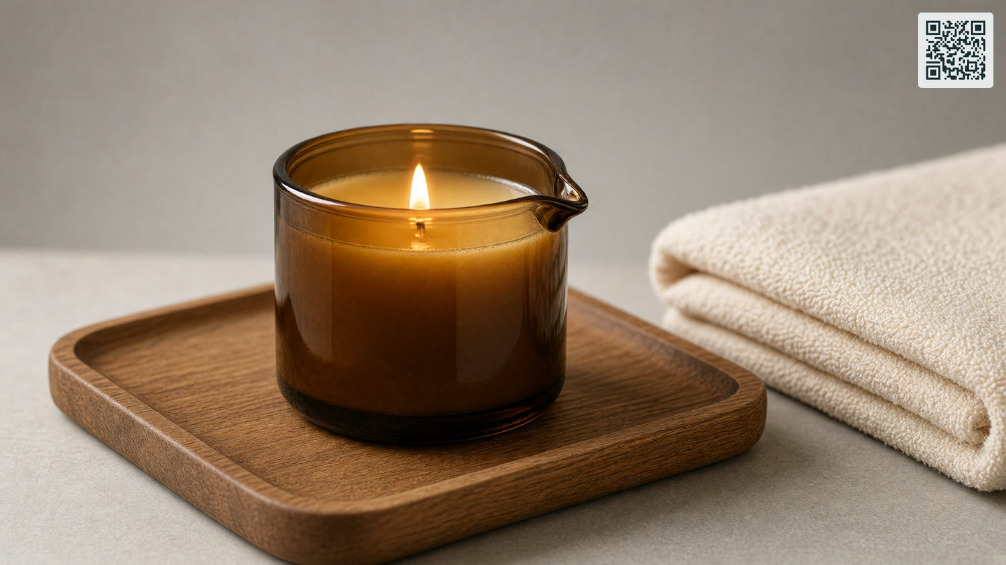 Een brandende massagekaars in een glazen potje met schenktuit, met een laagje gesmolten olie, op een houten dienblad naast een opgevouwen handdoek.