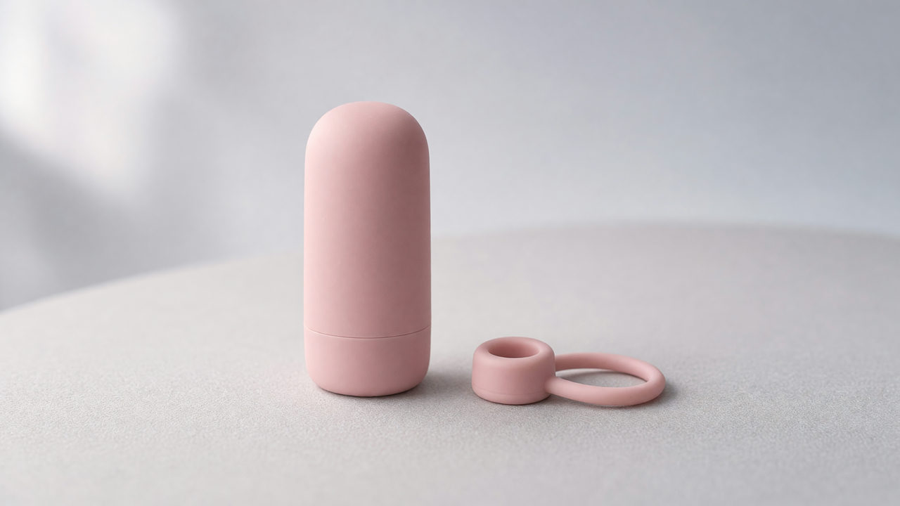 Een kleine roze mini vibrator en een vingervibrator met siliconen lus op een effen ondergrond