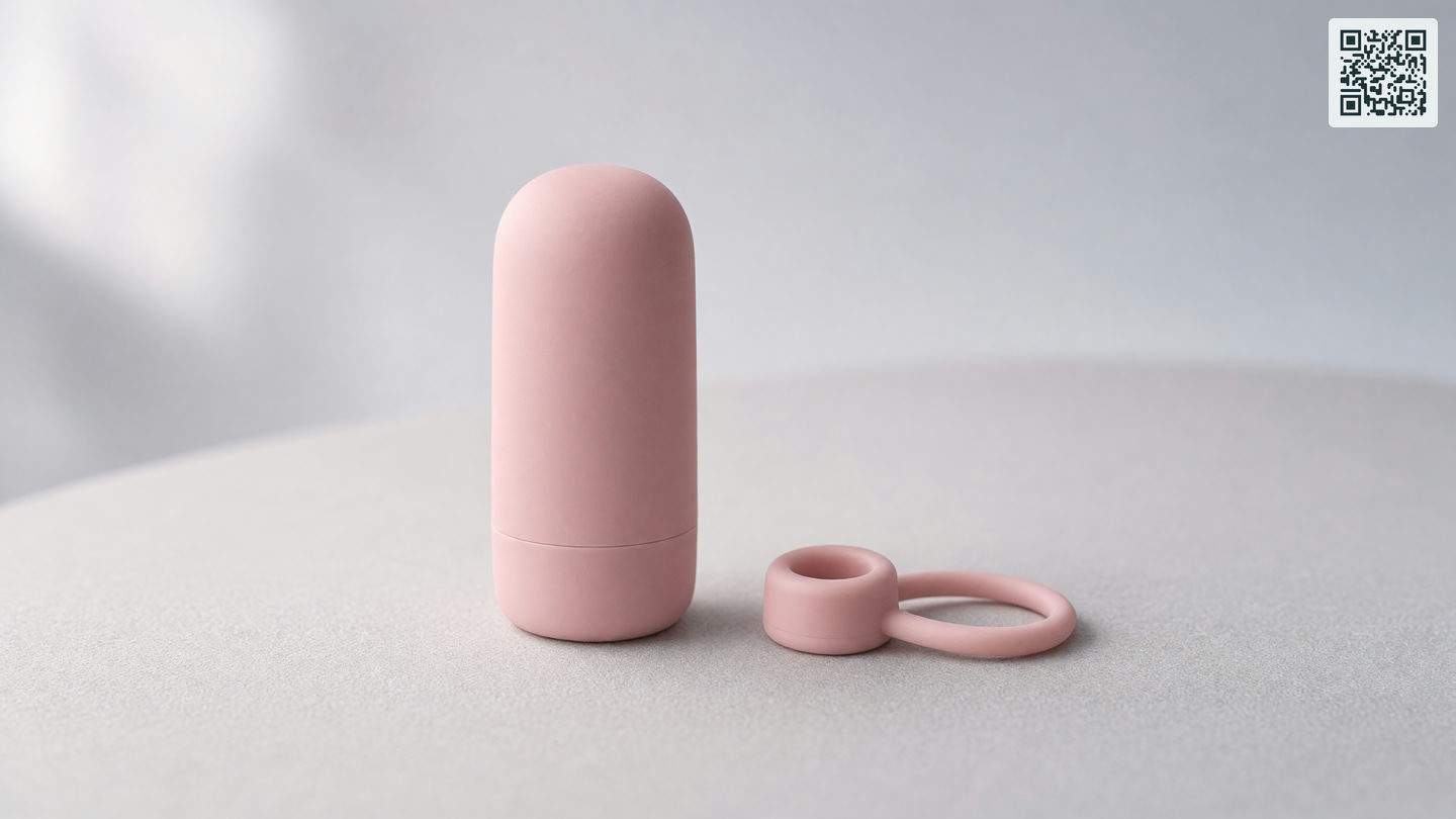 Een kleine roze mini vibrator en een vingervibrator met siliconen lus op een effen ondergrond