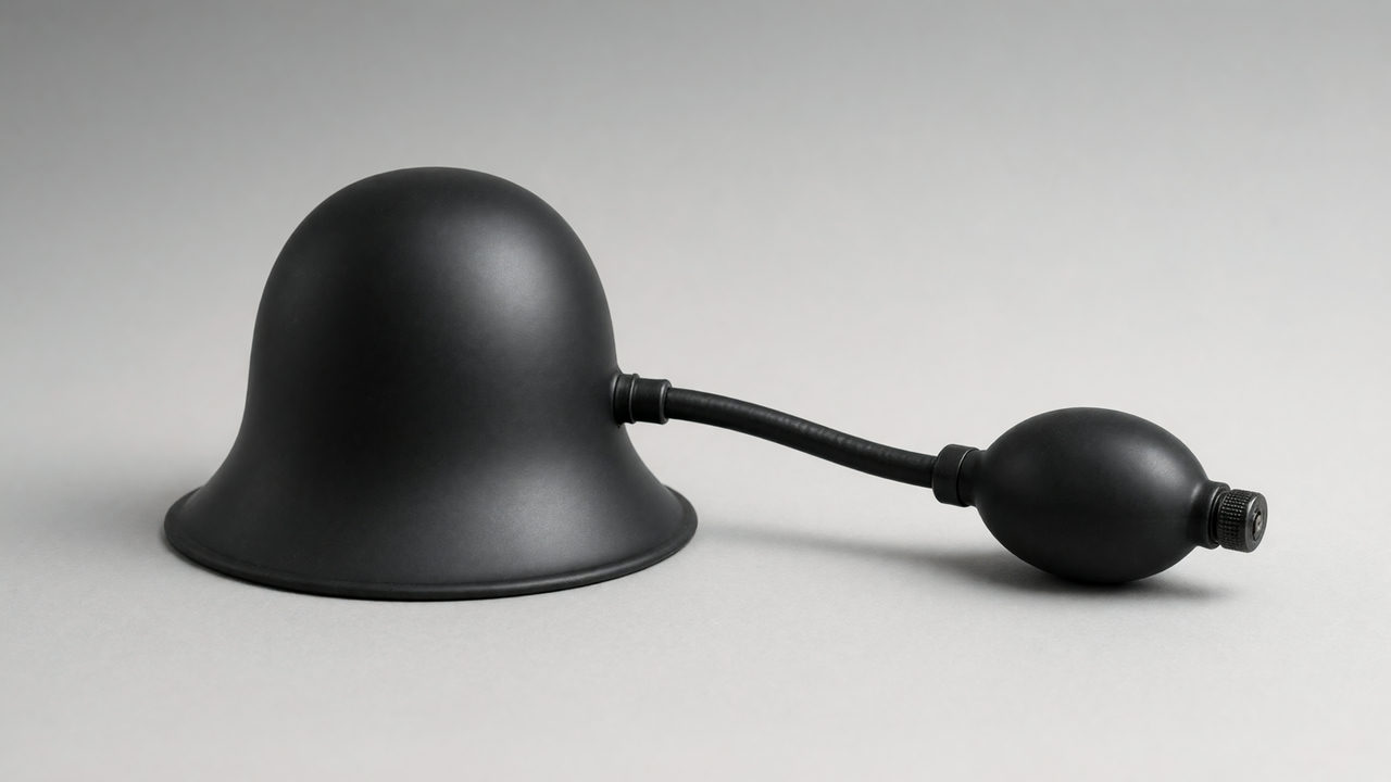 Opblaasbare buttplug met slangetje en handpompje op een neutrale ondergrond