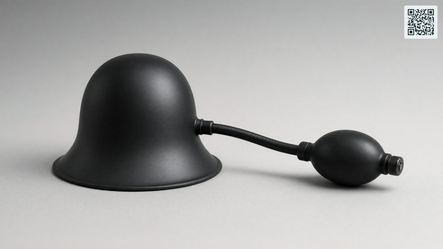 Opblaasbare buttplug met slangetje en handpompje op een neutrale ondergrond