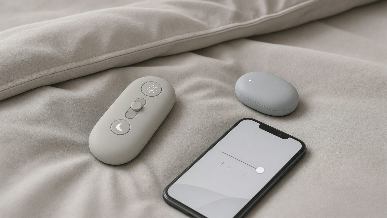 Een klein siliconen speeltje met een losse afstandsbediening en een smartphone op een opgemaakt bed