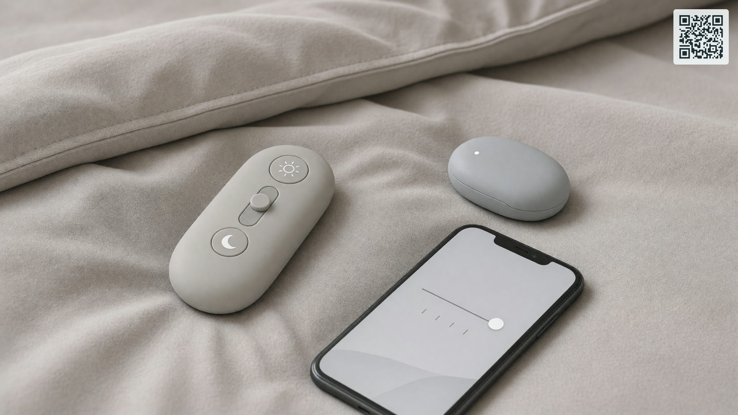 Een klein siliconen speeltje met een losse afstandsbediening en een smartphone op een opgemaakt bed