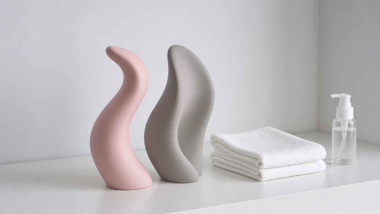 Twee gladde siliconen speeltjes op een schone badkamerplank naast een opgevouwen handdoek en een pompflesje