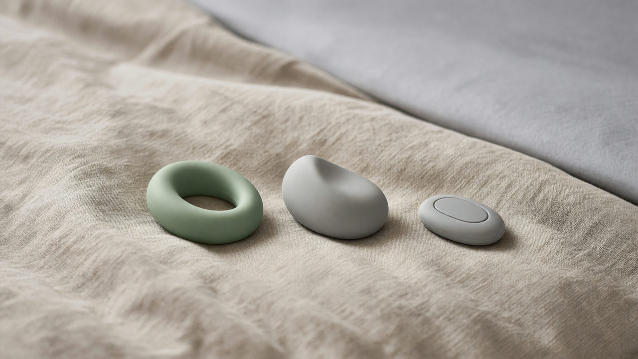 Twee compacte siliconen speeltjes, een ring en een gebogen model, met een afstandsbediening op een opgemaakt bed