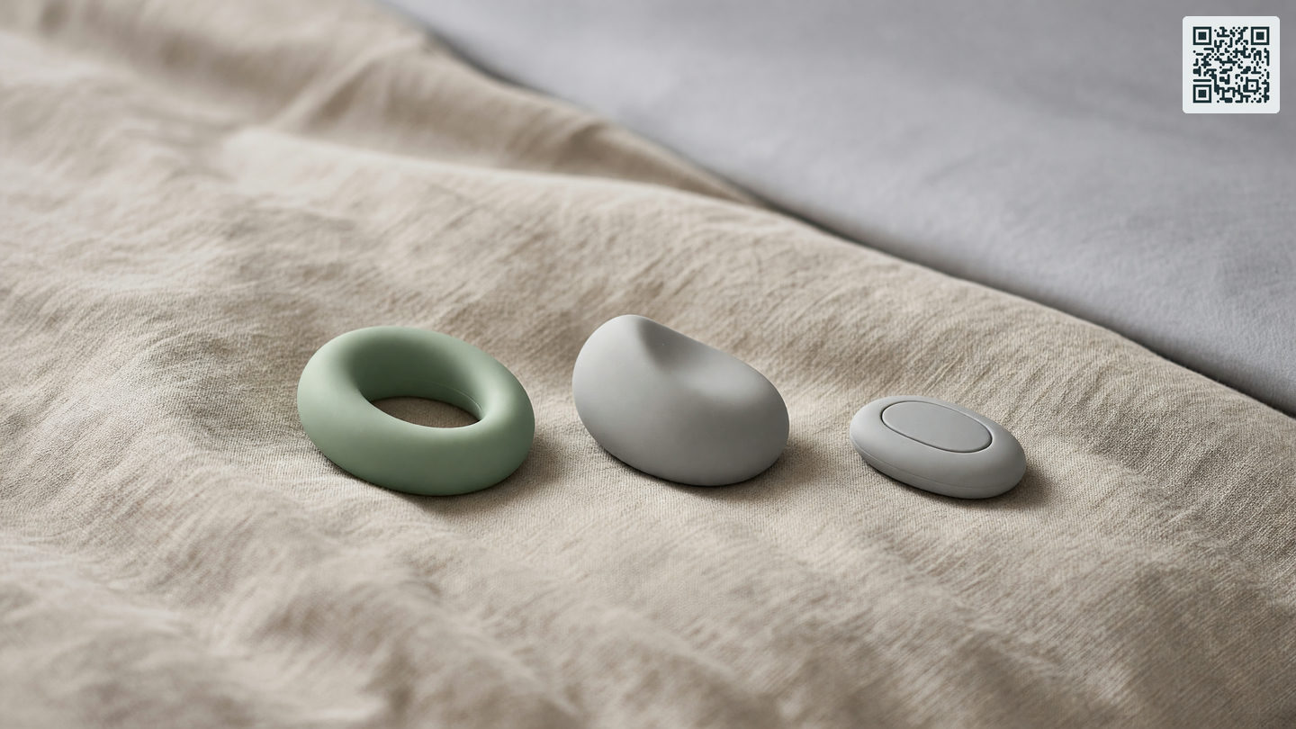 Twee compacte siliconen speeltjes, een ring en een gebogen model, met een afstandsbediening op een opgemaakt bed