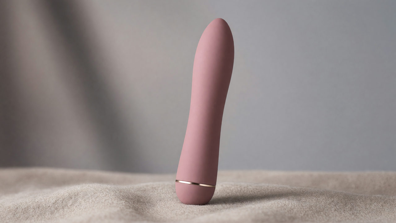 Een moderne stotende vibrator met matte siliconen schacht rechtop op een neutrale stoffen ondergrond.