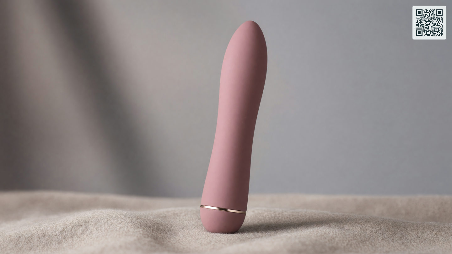 Een moderne stotende vibrator met matte siliconen schacht rechtop op een neutrale stoffen ondergrond.