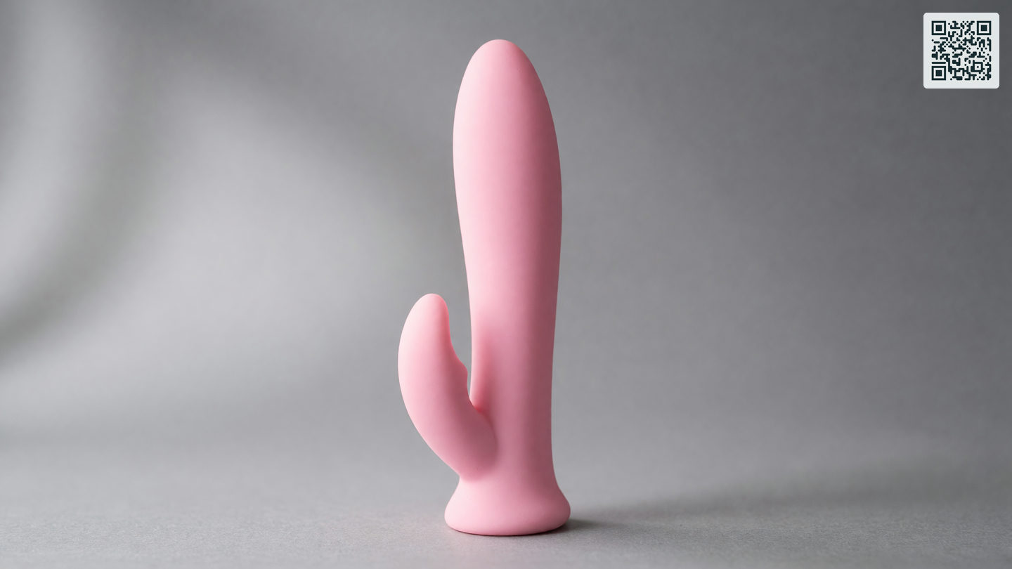 Een roze duotype vibrator met een schacht en een kleinere buitenarm, los staand op een neutrale ondergrond