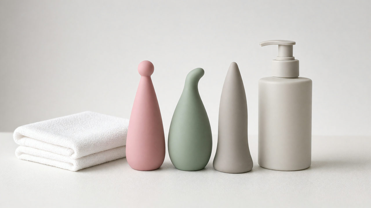 Siliconen speeltjes op een witte badkamerplank naast een handdoek en een flacon milde zeep