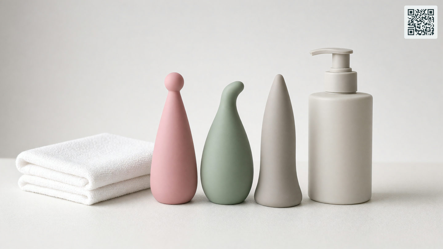 Siliconen speeltjes op een witte badkamerplank naast een handdoek en een flacon milde zeep