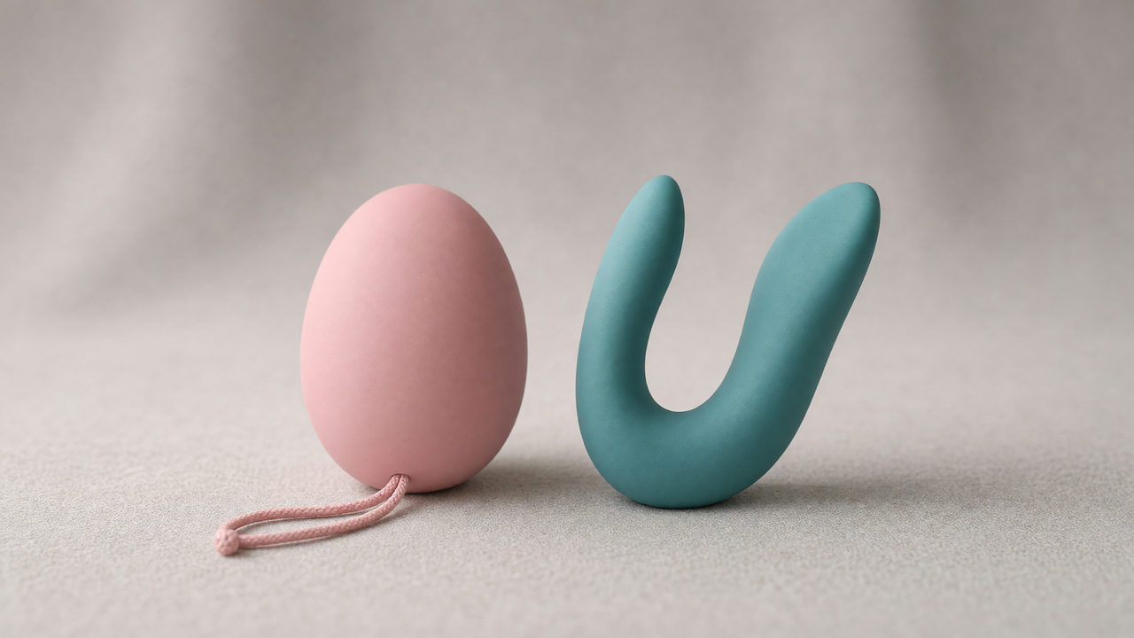 Een eivormig siliconen speeltje met koordje naast een U-vormige koppelvibrator op een effen ondergrond