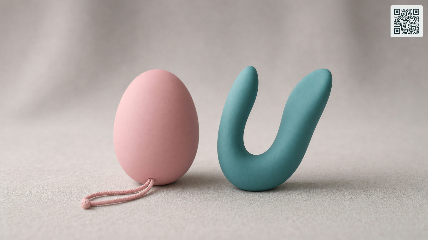 Een eivormig siliconen speeltje met koordje naast een U-vormige koppelvibrator op een effen ondergrond