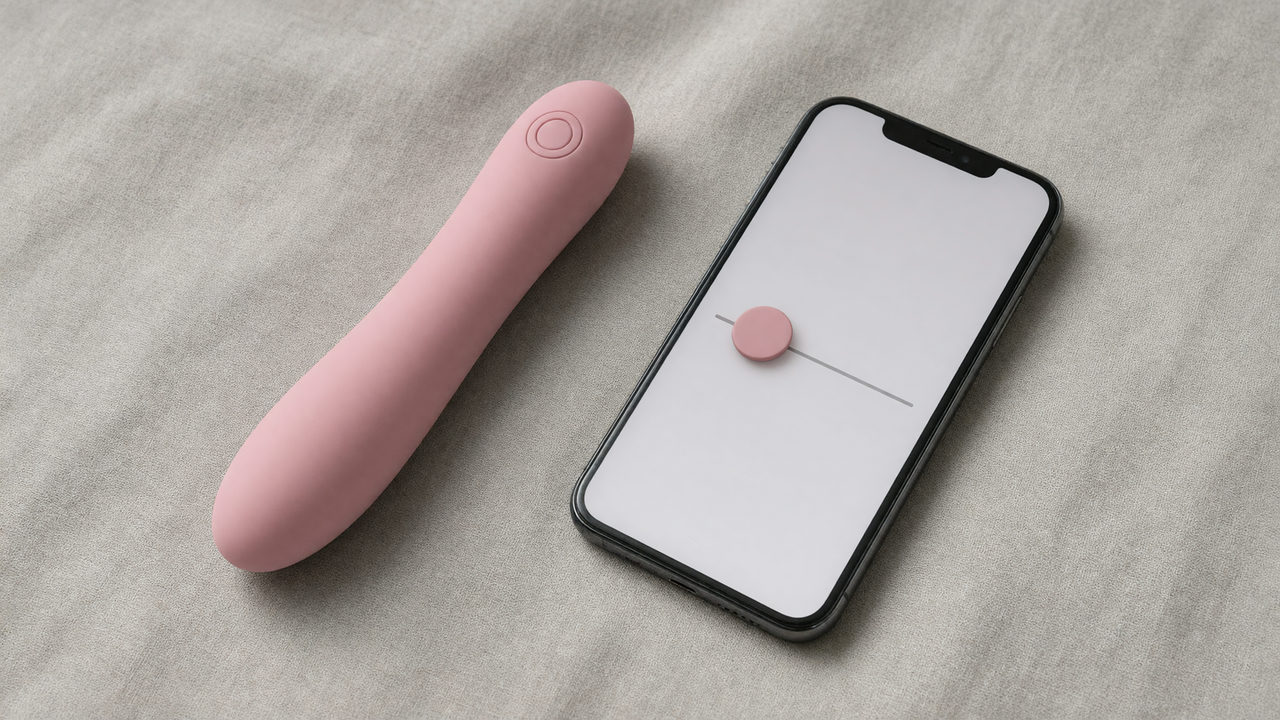 Een roze siliconen vibrator naast een smartphone met een eenvoudige bedieningsscherm op een neutraal laken