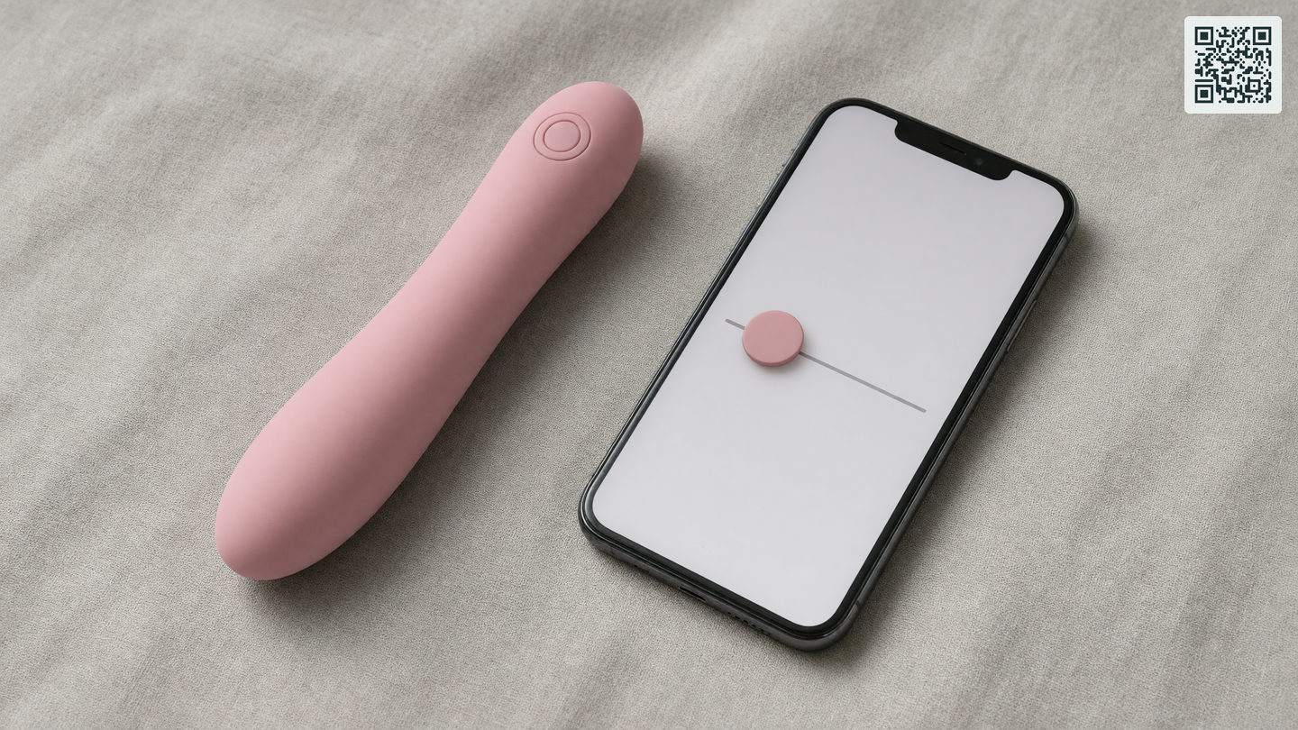 Een roze siliconen vibrator naast een smartphone met een eenvoudige bedieningsscherm op een neutraal laken
